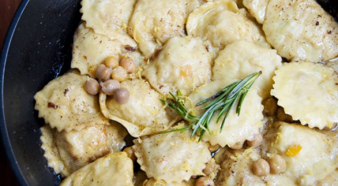Chickpea and baccalà ravioli with hazelnut butter, rosemary and lemon