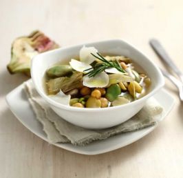 Puglia-style Soup with artichokes and savoury ricotta shavings