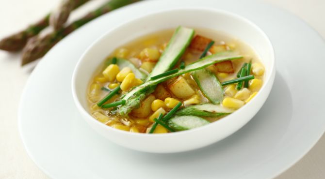 Sweetcorn, potato and asparagus soup