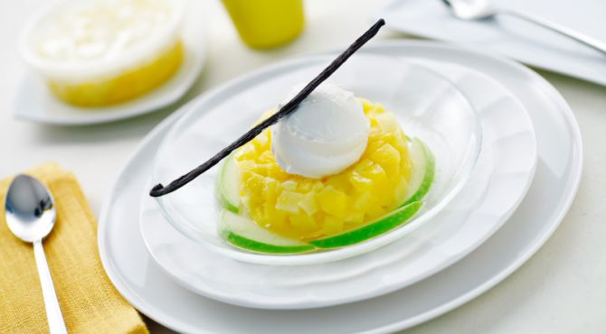 Pineapple and apricot compote with vanilla and green apple ice cream