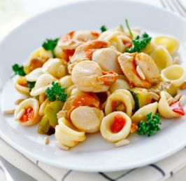 Orecchiette pasta with scallops and mixed vegetables